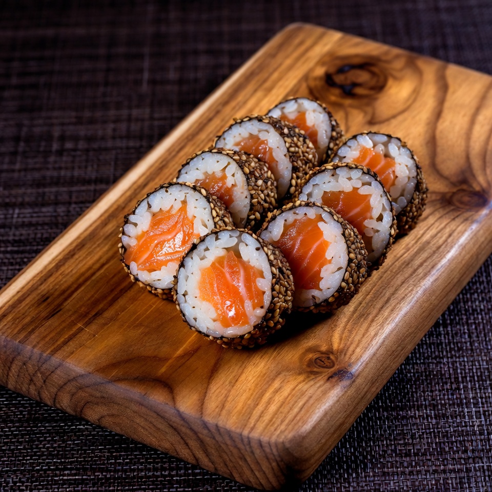 Salmon Sushi Rolls on Wooden Board Salmon Sushi Rolls on Wooden Board
