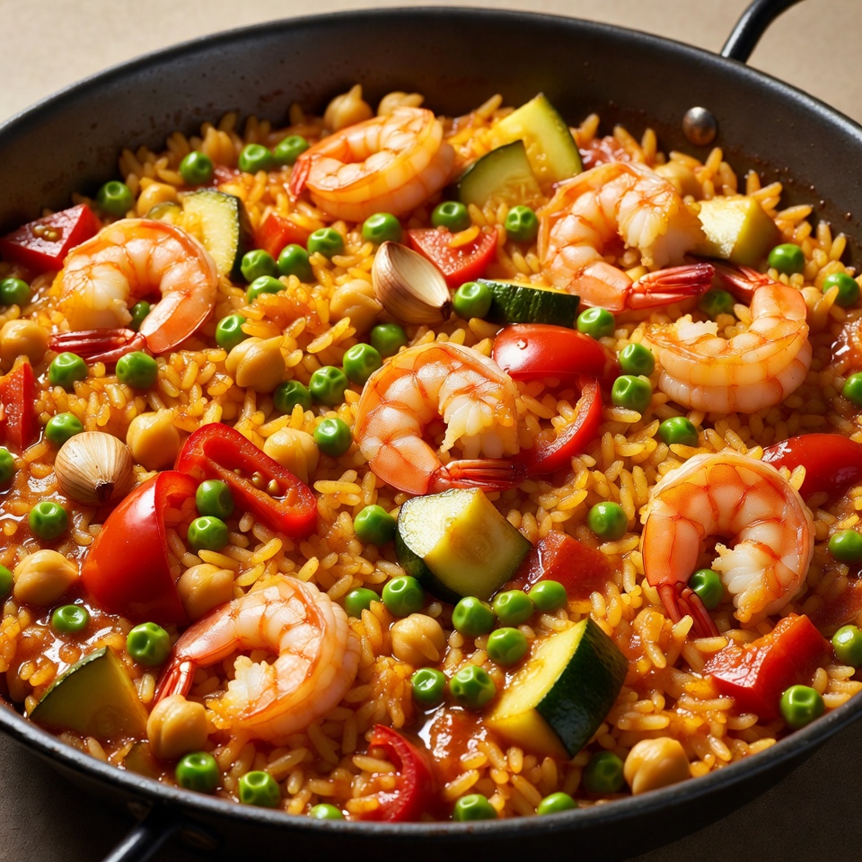 Shrimp Paella with Vegetables in Pan Shrimp Paella with Vegetables in Pan