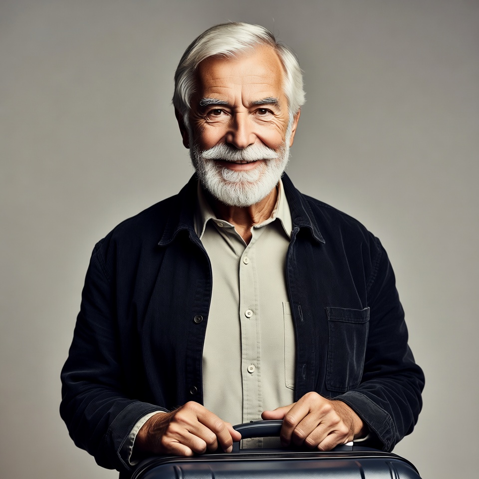 Elderly man holding black suitcase Elderly man holding black suitcase