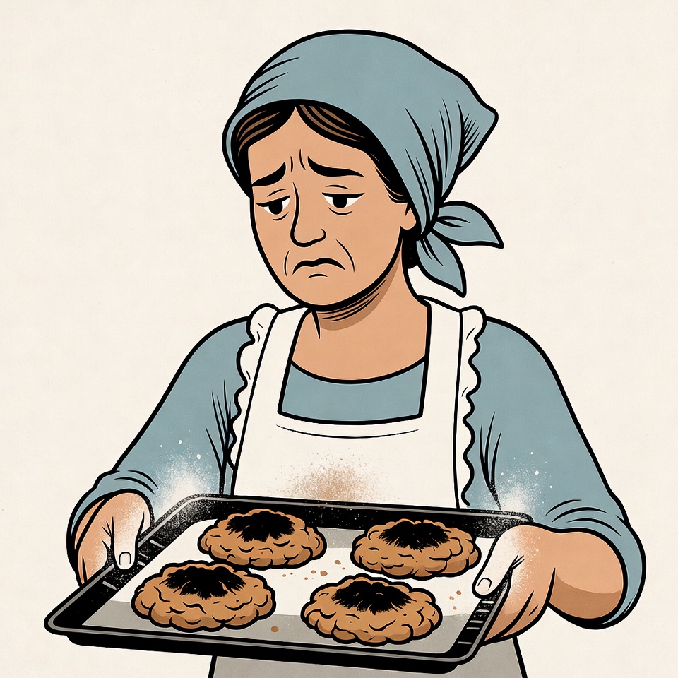 Woman holding burnt cookies on tray Woman holding burnt cookies on tray