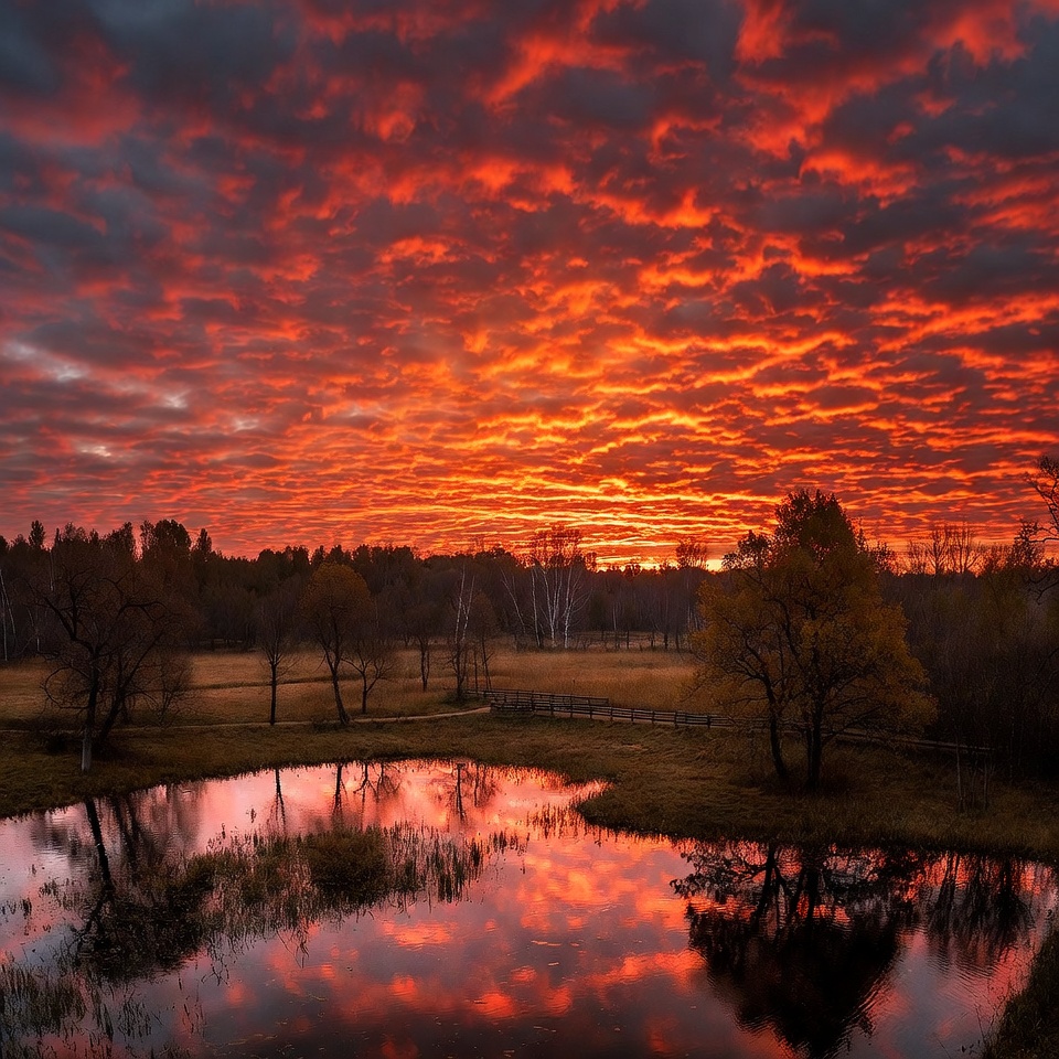Vibrant Red Sunset Over Autumn Pond Vibrant Red Sunset Over Autumn Pond