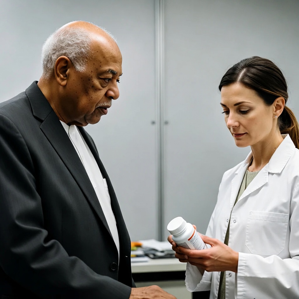 Doctor showing pill bottle to elderly man Doctor showing pill bottle to elderly man