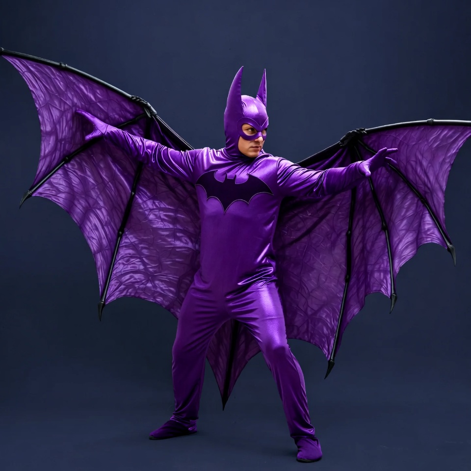 Man in purple Batman costume with wings Man in purple Batman costume with wings