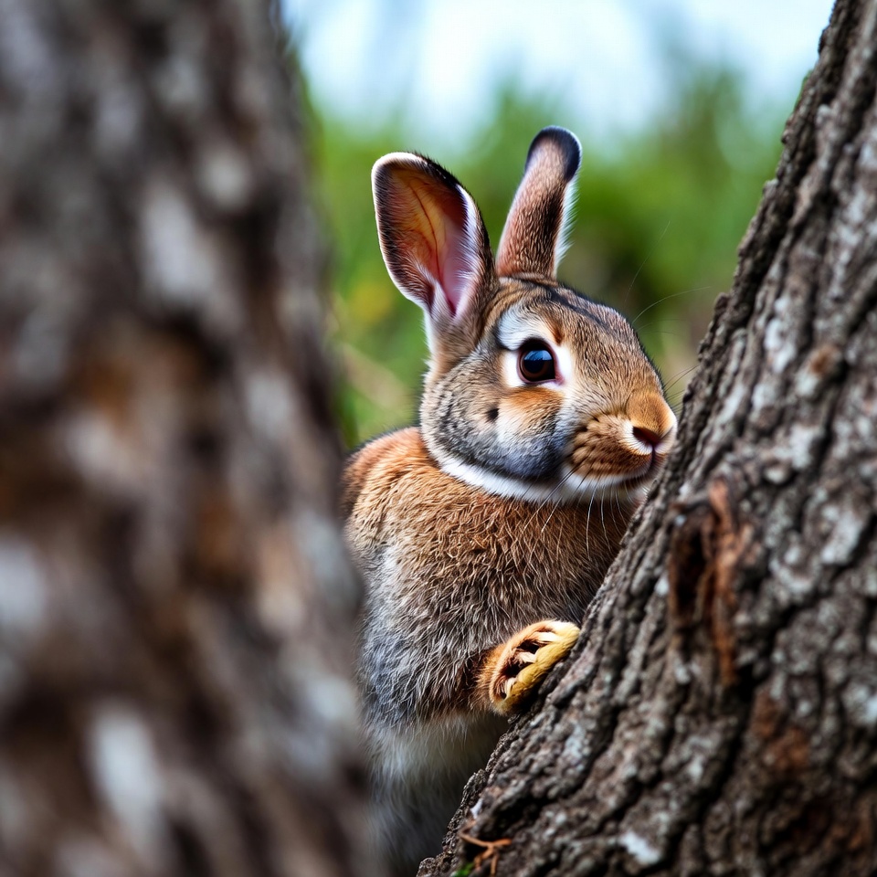 Rabbit peeking from behind tree Rabbit peeking from behind tree