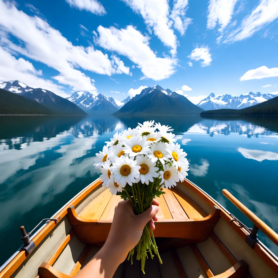Hand holding daisies in rowboat on lake Hand holding daisies in rowboat on lake