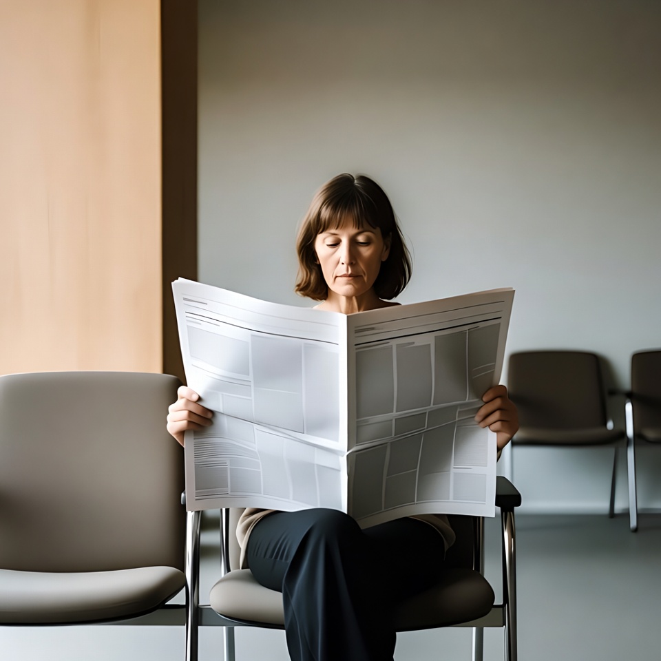 Woman reading newspaper in waiting room Woman reading newspaper in waiting room