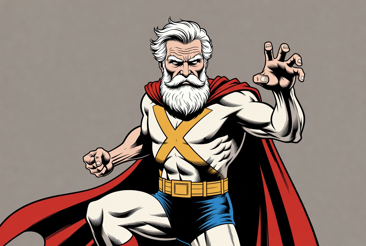Elderly superhero with white beard and red cape Elderly superhero with white beard and red cape