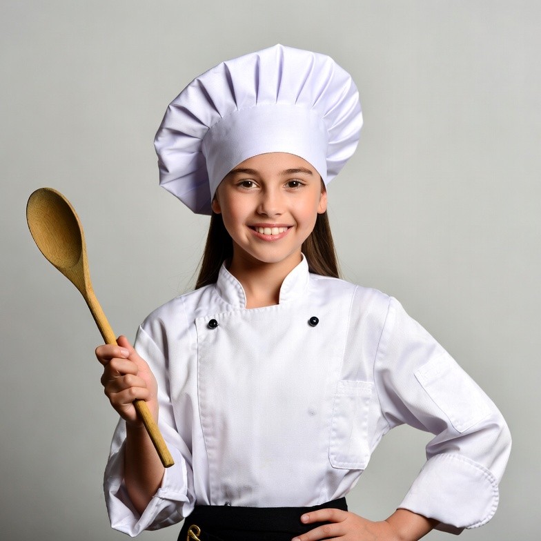 Girl in chef uniform holding wooden spoon Girl in chef uniform holding wooden spoon