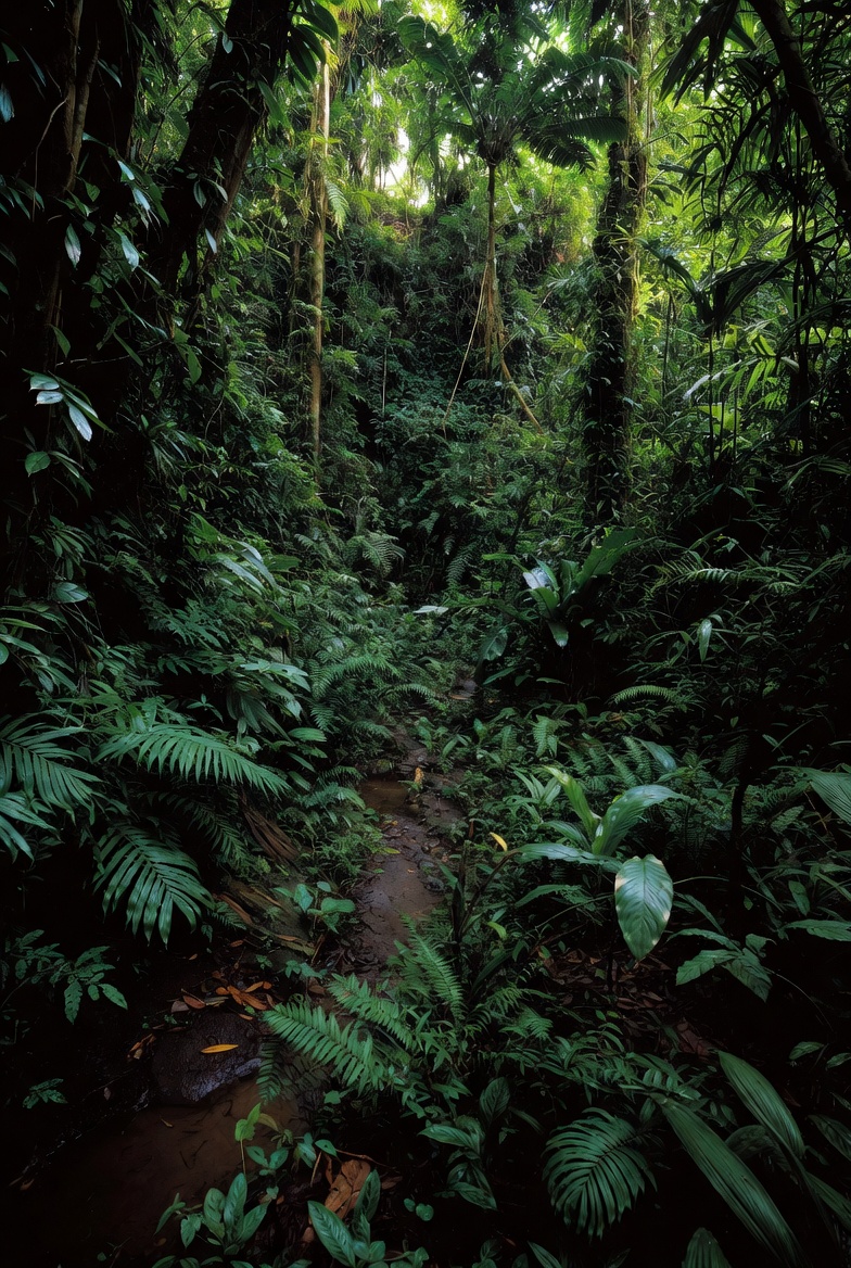 Lush Tropical Rainforest Path with Stream Lush Tropical Rainforest Path with Stream
