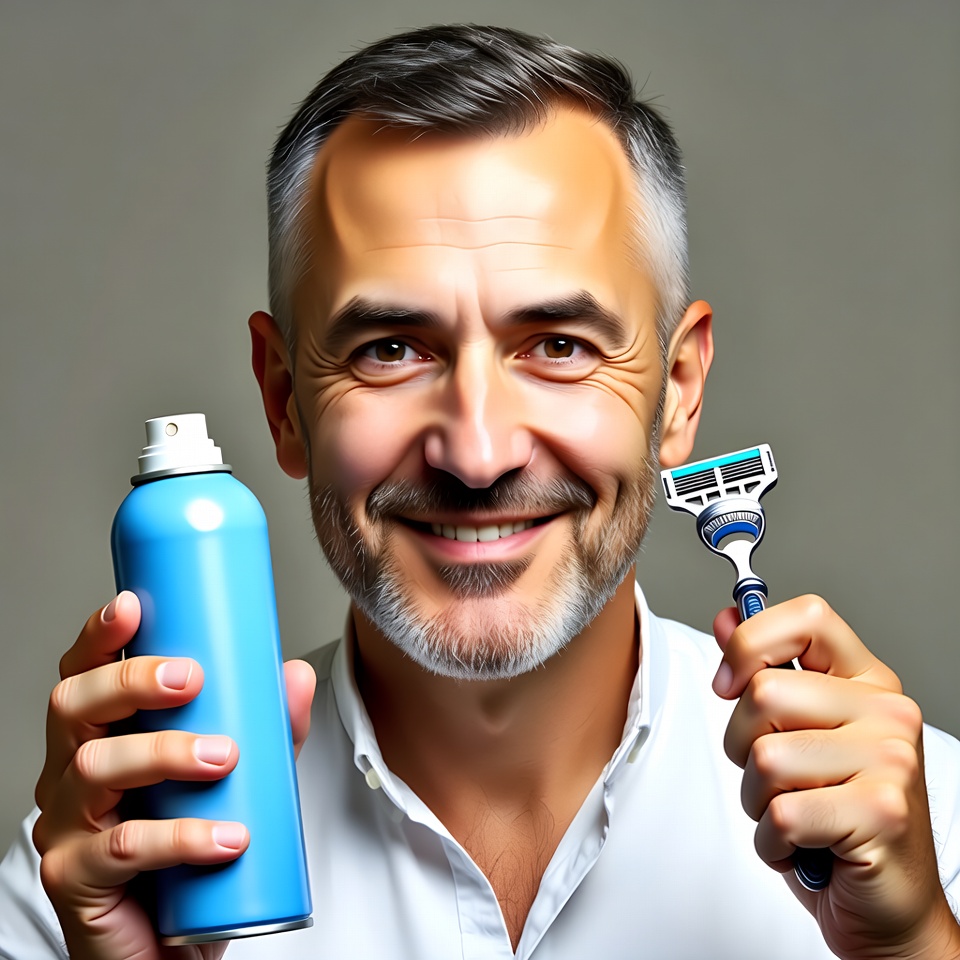 Mature man holding shaving cream and razor Mature man holding shaving cream and razor
