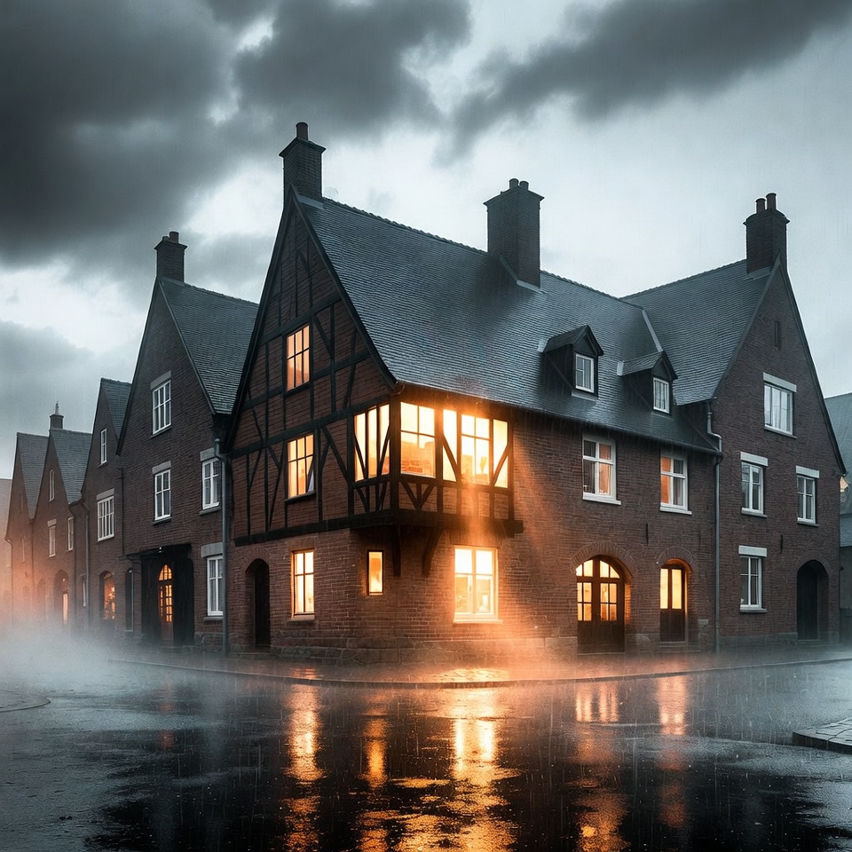 Tudor Houses in Rainy Night Tudor Houses in Rainy Night