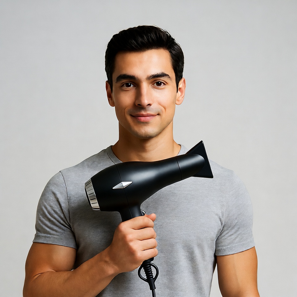 Handsome man holding hair dryer Handsome man holding hair dryer