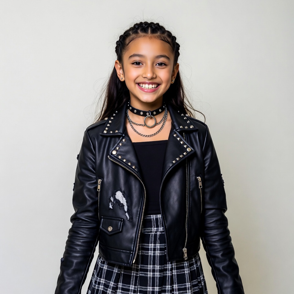 Girl in leather jacket and plaid skirt Girl in leather jacket and plaid skirt