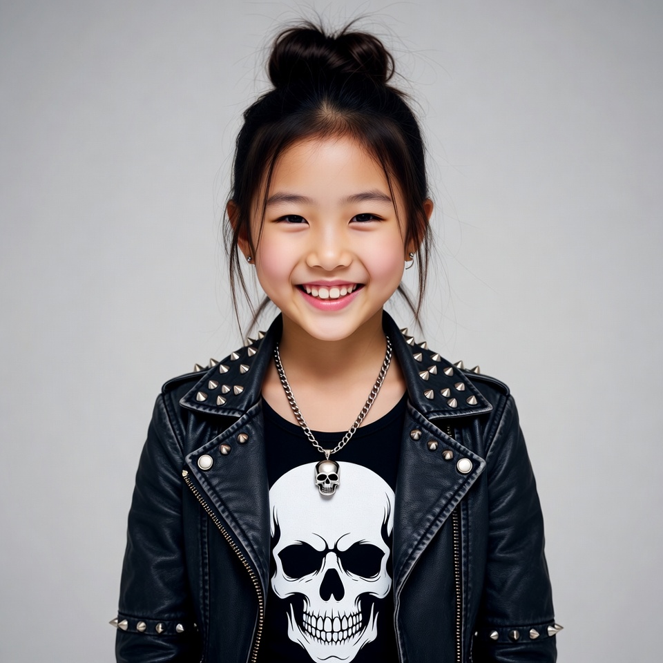 Asian girl in studded skull leather jacket Asian girl in studded skull leather jacket