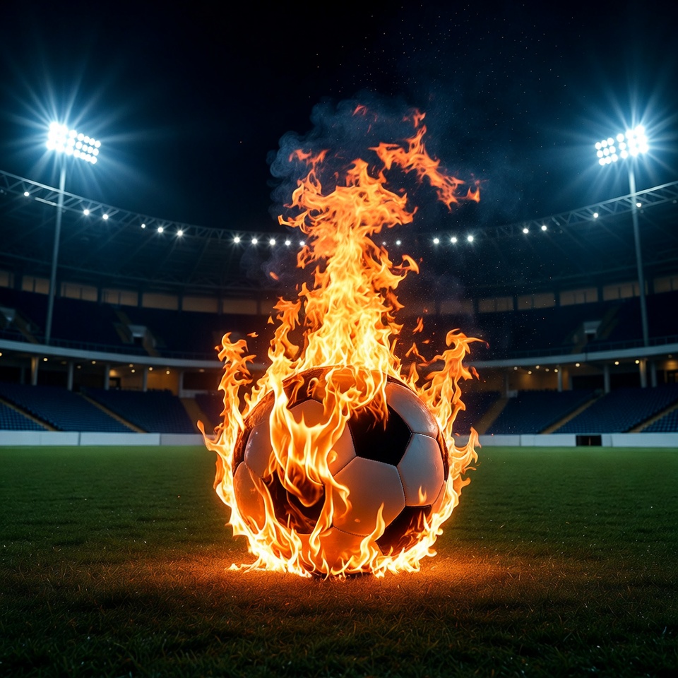 Flaming Soccer Ball on Stadium Field Flaming Soccer Ball on Stadium Field