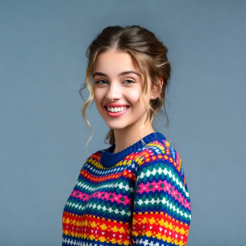 Smiling woman in colorful knit sweater Smiling woman in colorful knit sweater