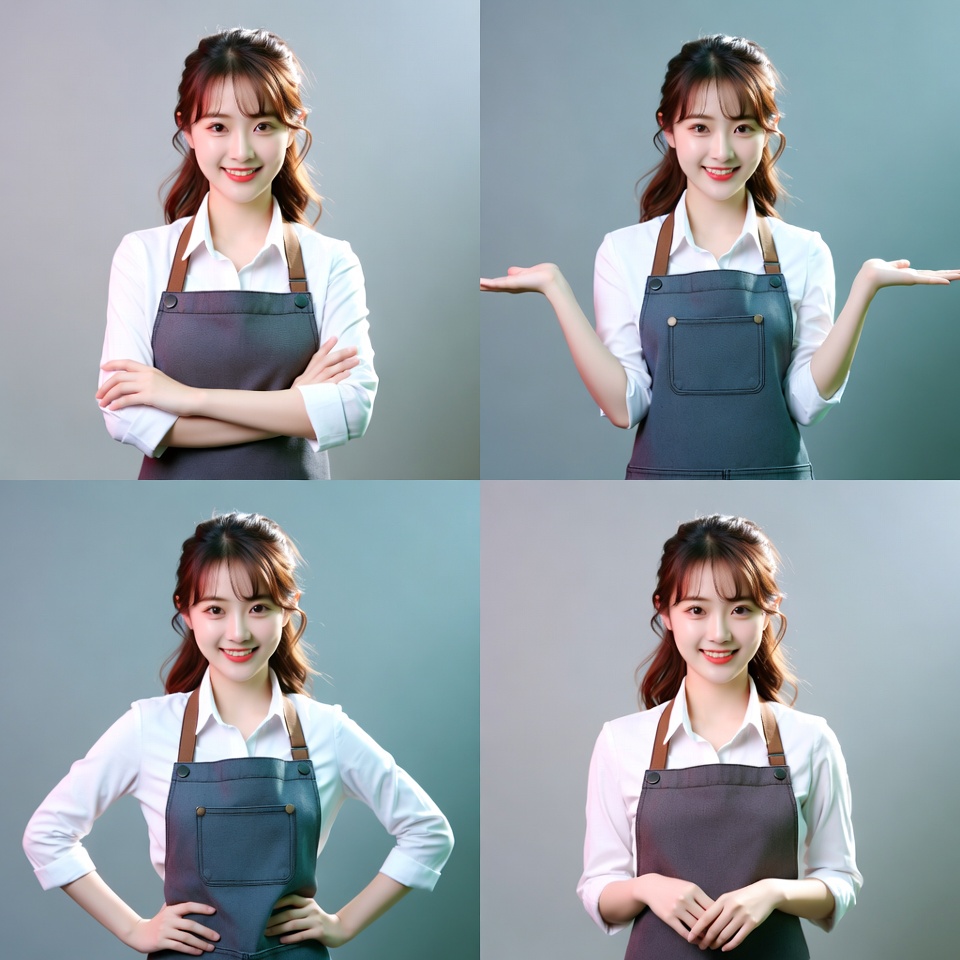 Asian woman in apron four poses Asian woman in apron four poses