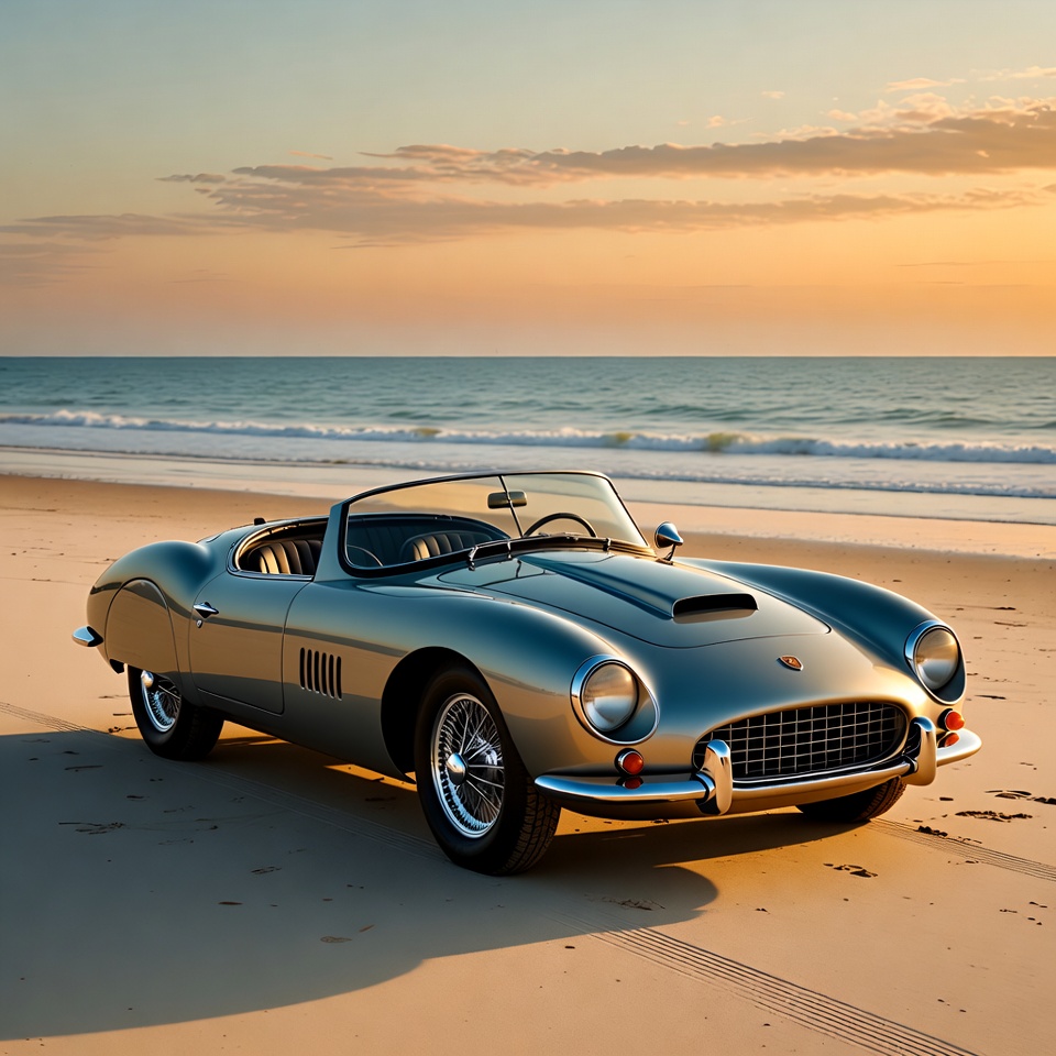 Silver classic convertible on beach sunset Silver classic convertible on beach sunset
