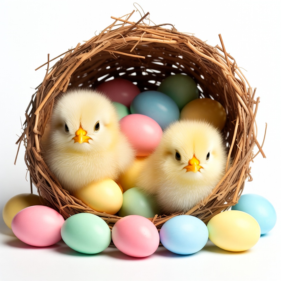 Chicks with Easter Eggs in Nest Chicks with Easter Eggs in Nest