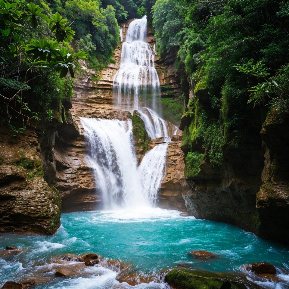 Multi-tiered waterfall in lush green canyon Multi-tiered waterfall in lush green canyon