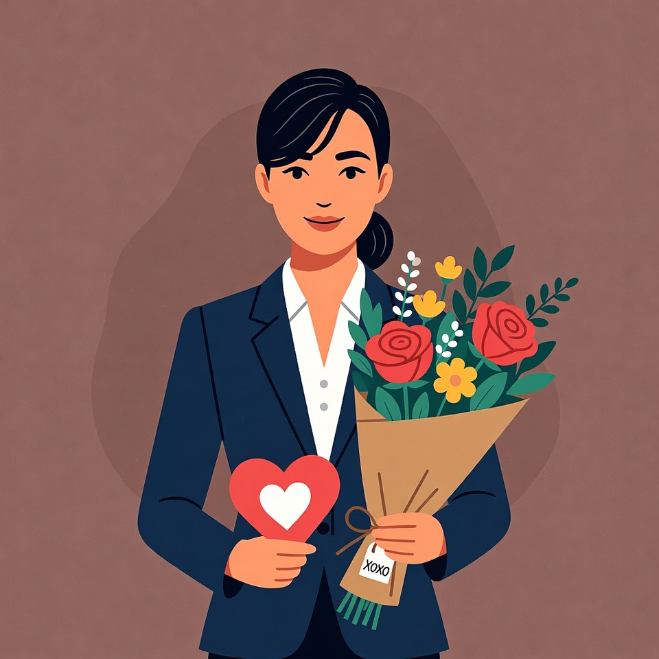Asian woman holding flowers and heart Asian woman holding flowers and heart