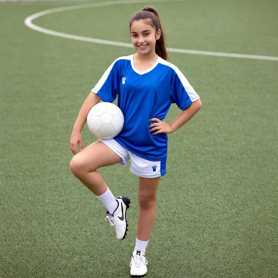 Girl in blue soccer uniform holding ball Girl in blue soccer uniform holding ball