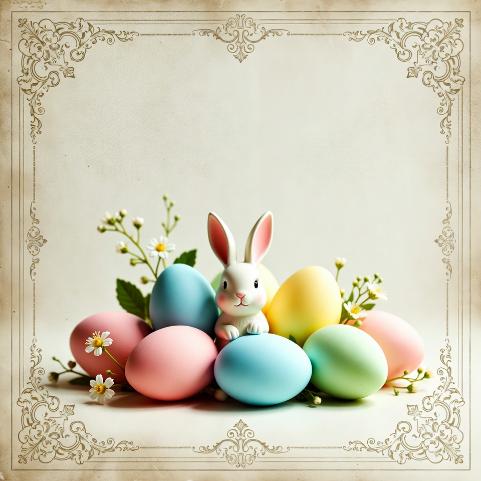 White bunny surrounded by Easter eggs White bunny surrounded by Easter eggs
