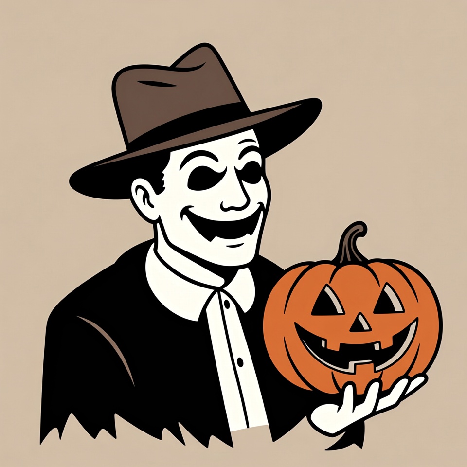Man in fedora holding jack-o-lantern Man in fedora holding jack-o-lantern