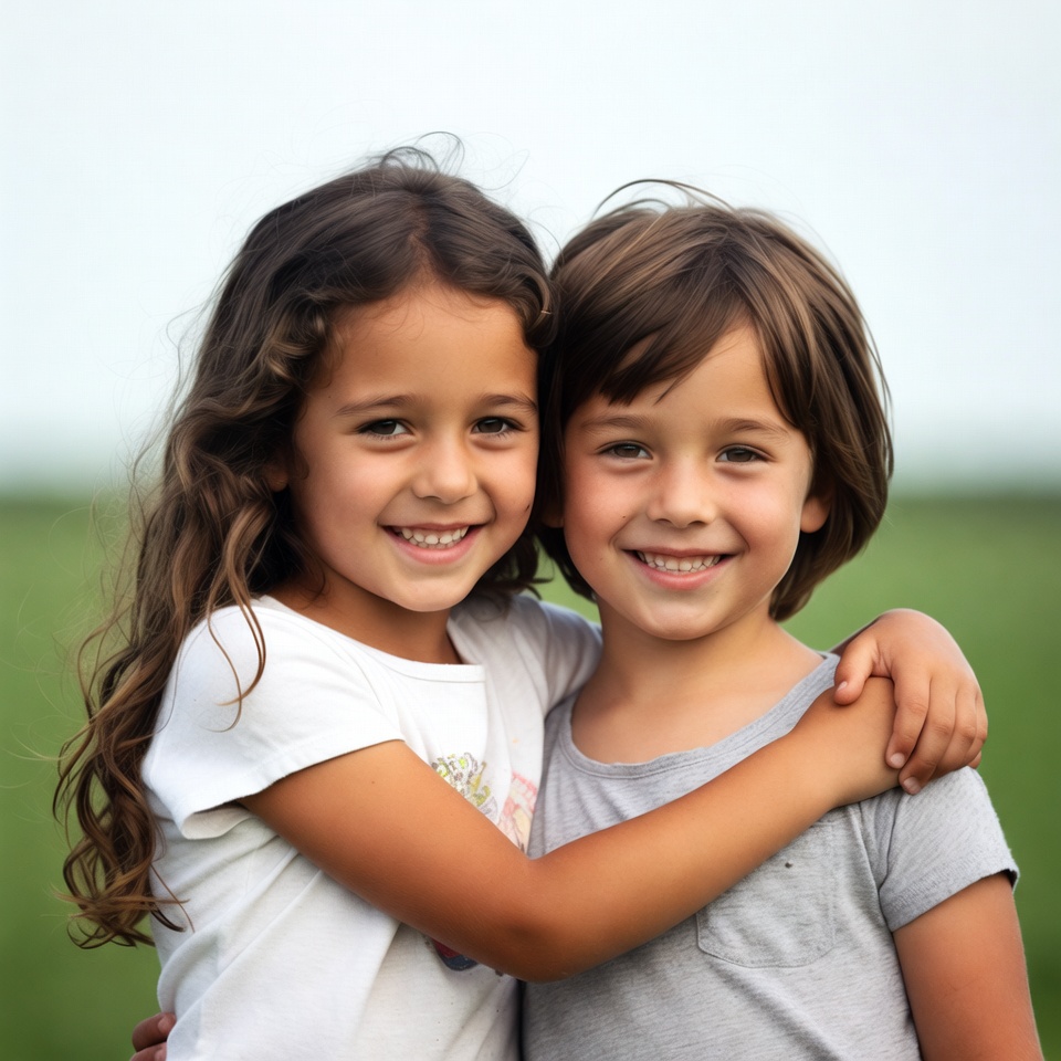Two young siblings hugging outdoors Two young siblings hugging outdoors