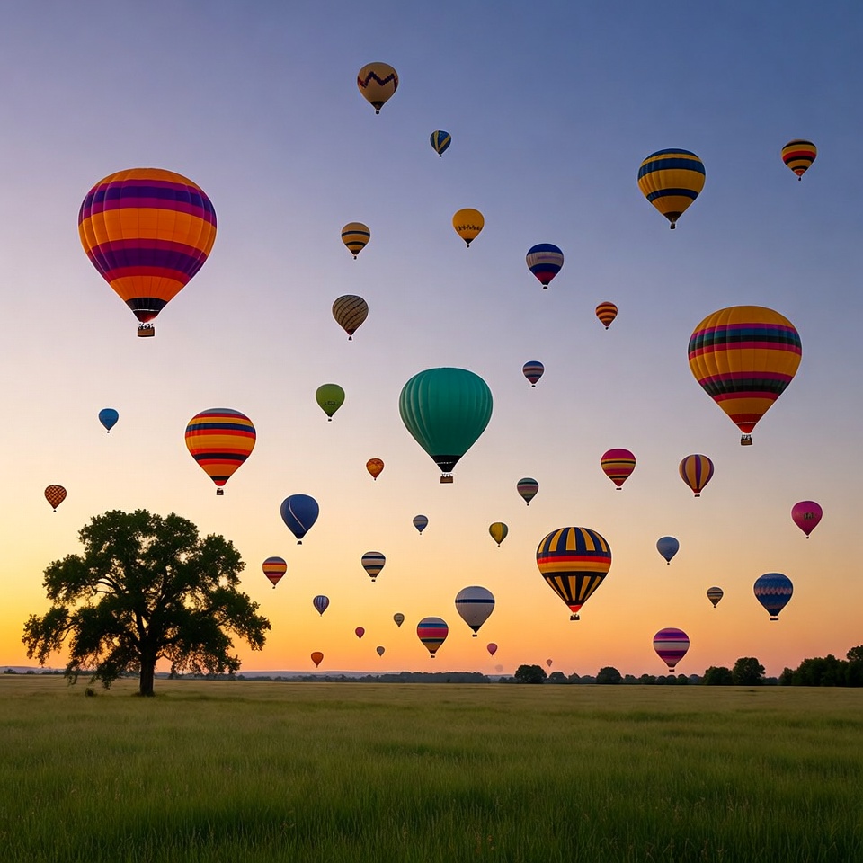 Colorful Hot Air Balloons Over Field Colorful Hot Air Balloons Over Field