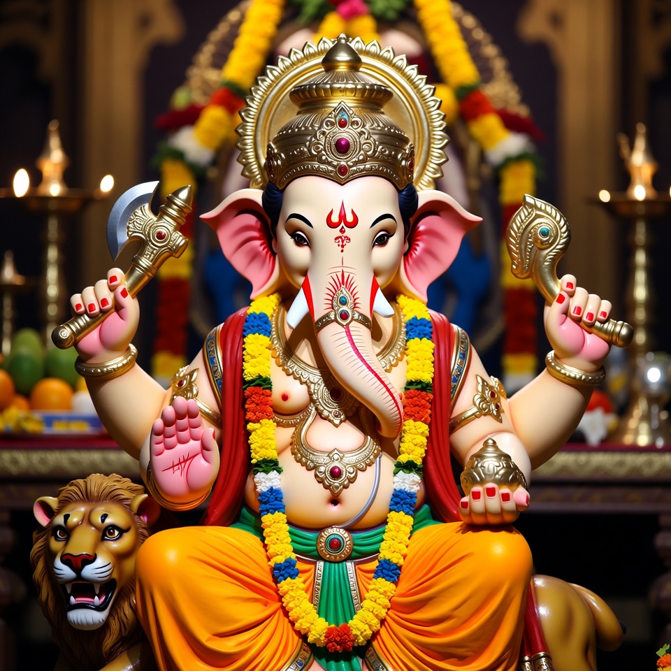 Lord Ganesha with Mouse Riding Lion Lord Ganesha with Mouse Riding Lion