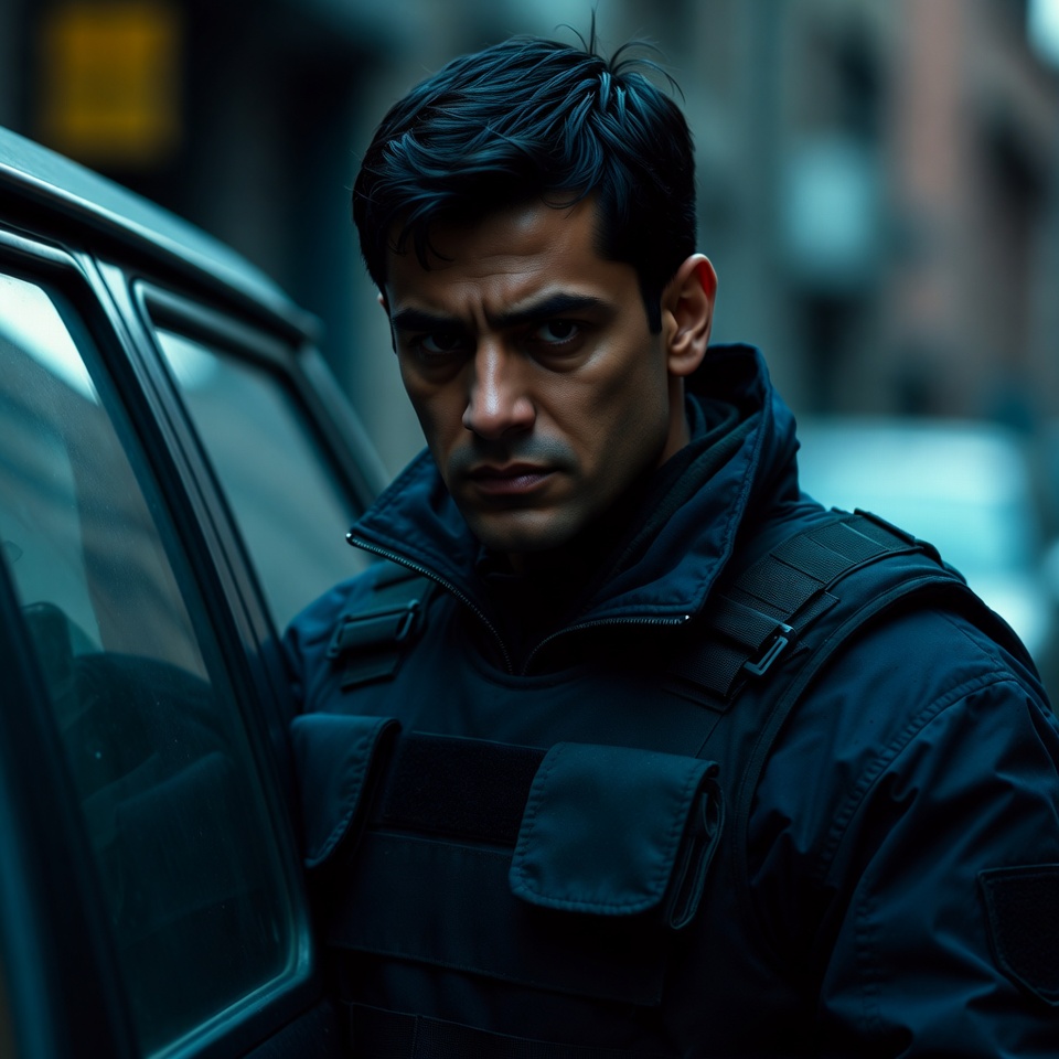 Man in tactical gear by car Man in tactical gear by car