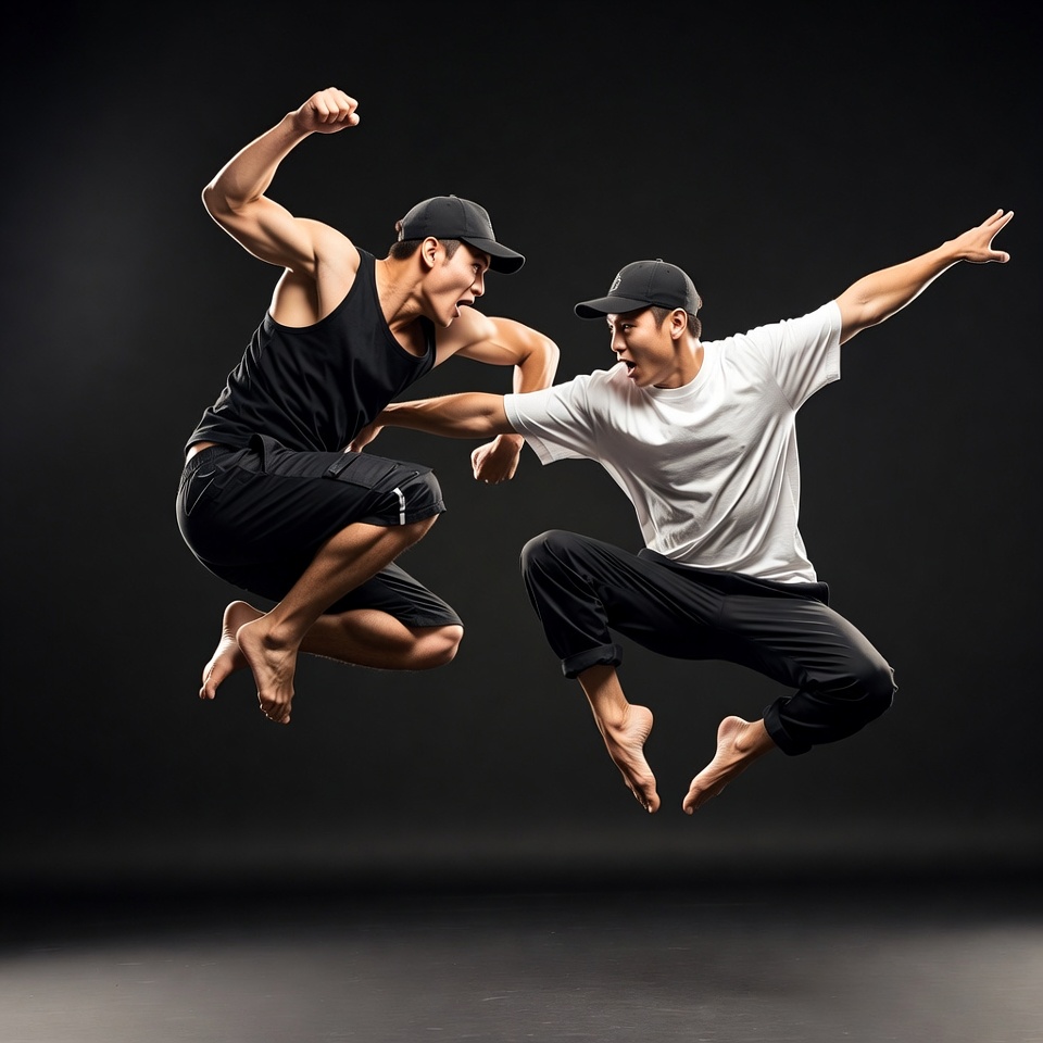 Two Asian men jumping dynamically Two Asian men jumping dynamically