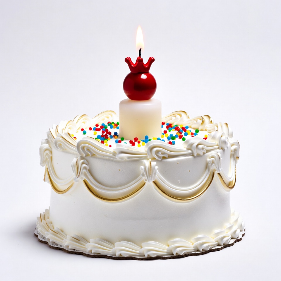 White Birthday Cake with Crown Candle White Birthday Cake with Crown Candle