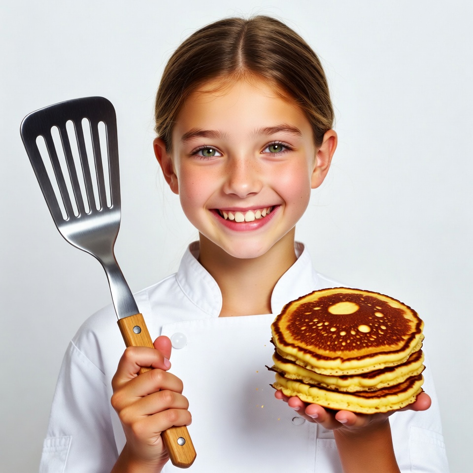 Girl chef holding pancakes spatula Girl chef holding pancakes spatula
