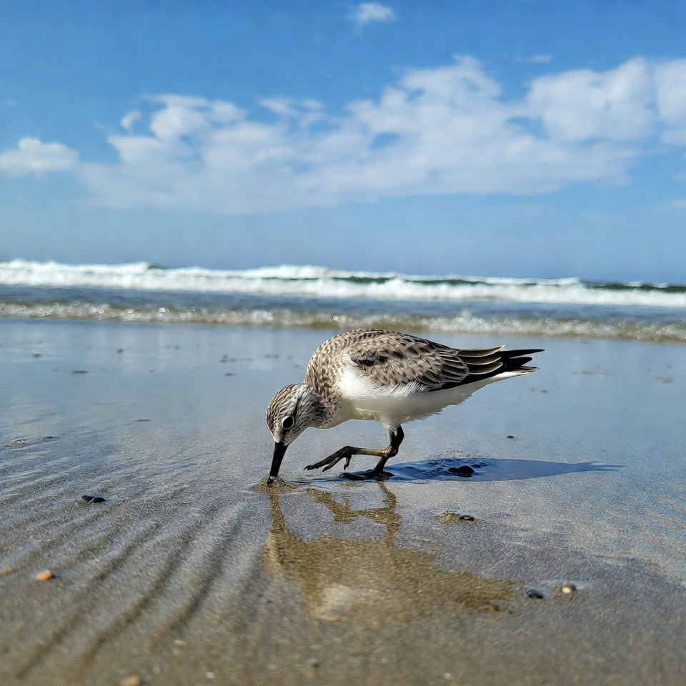 Sanderling foraging on beach Sanderling foraging on beach