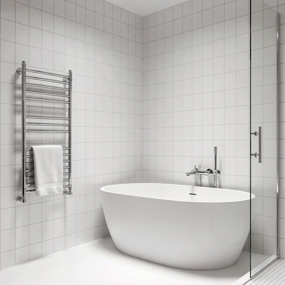 White Freestanding Bathtub in Tiled Bathroom White Freestanding Bathtub in Tiled Bathroom