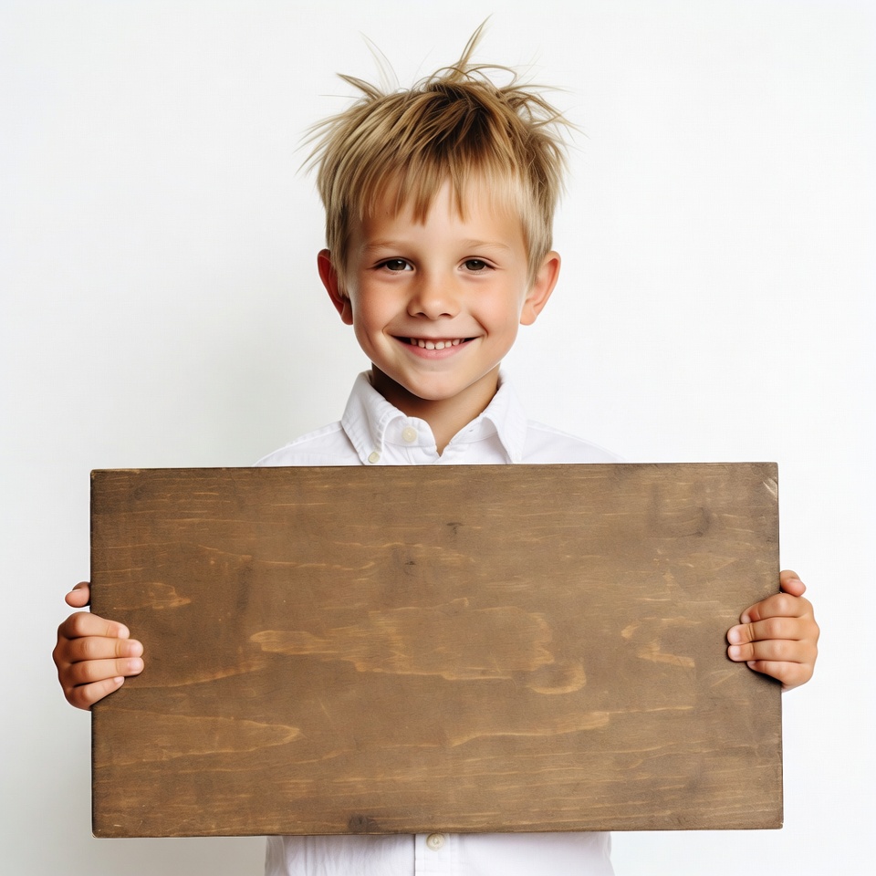 Blond boy holding wooden sign Blond boy holding wooden sign