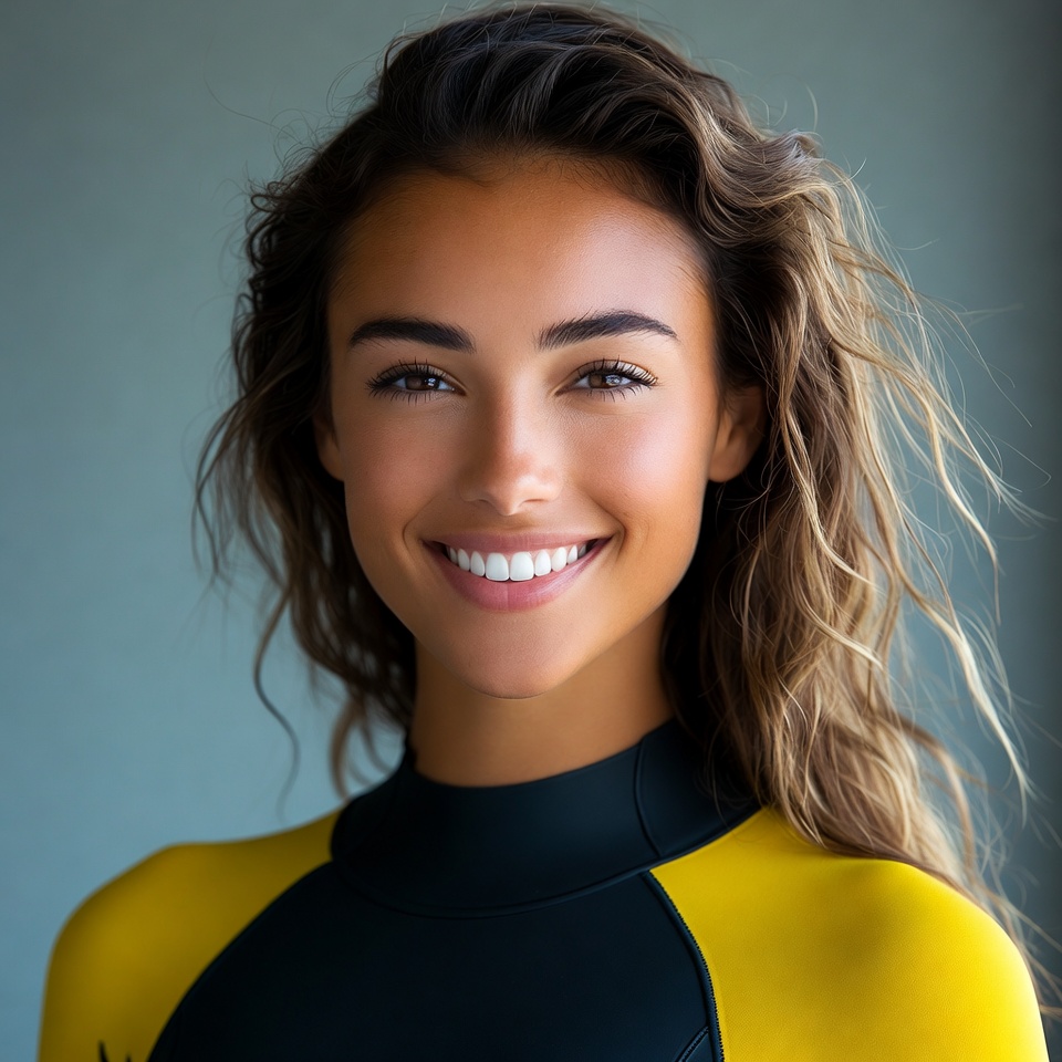 Smiling woman in yellow wetsuit Smiling woman in yellow wetsuit