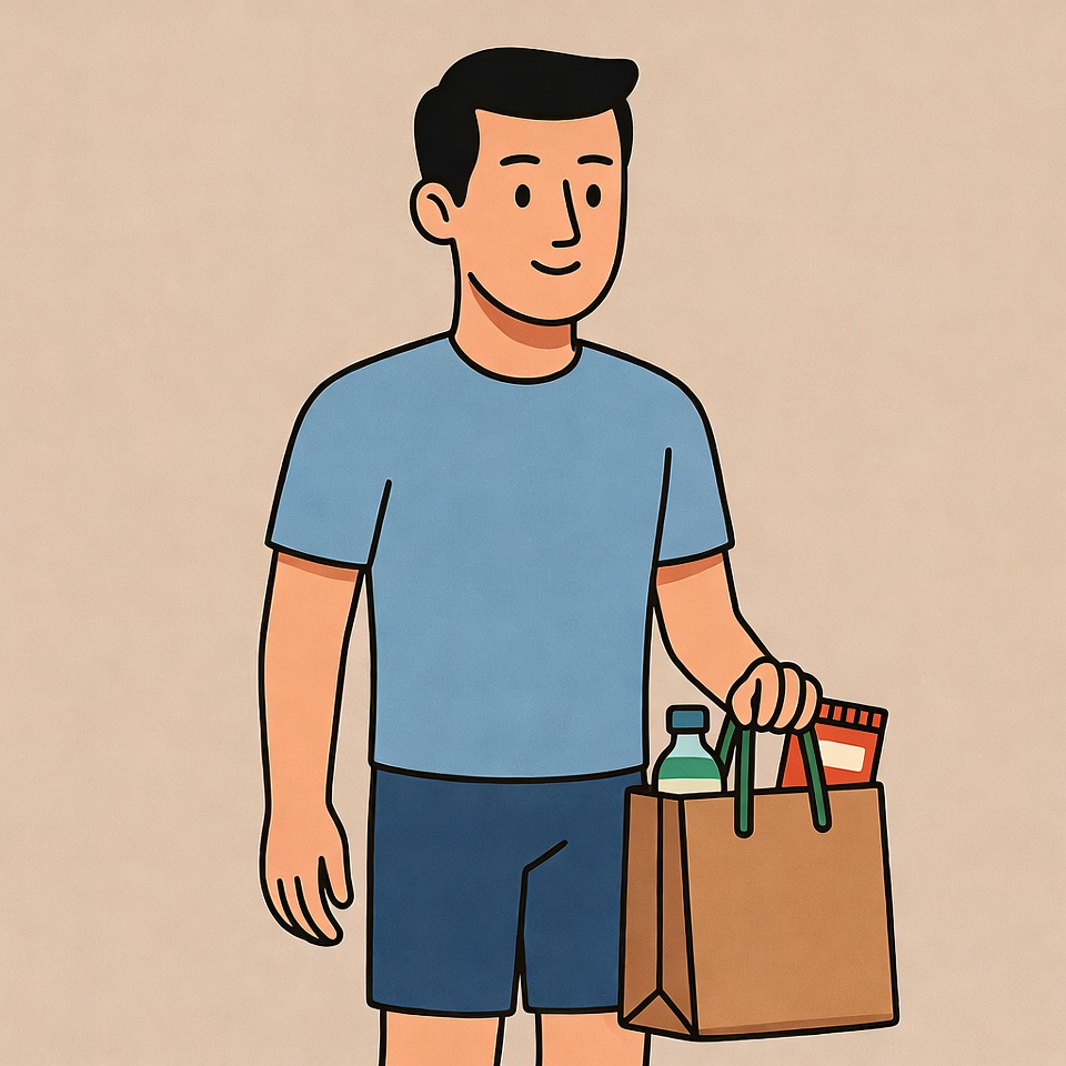 Man holding shopping bag with snacks Man holding shopping bag with snacks