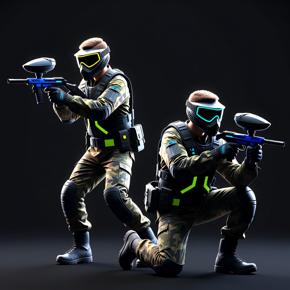 Two paintball players aiming guns Two paintball players aiming guns