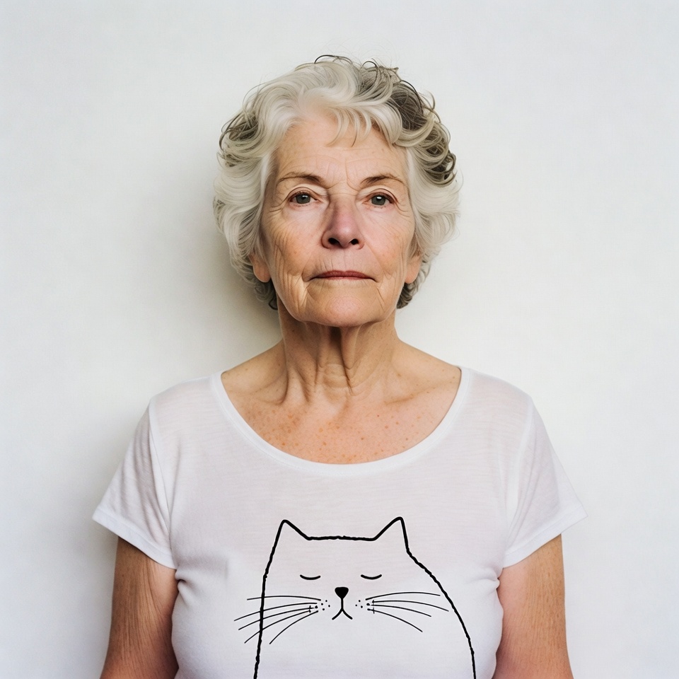 Elderly woman wearing cat t-shirt Elderly woman wearing cat t-shirt