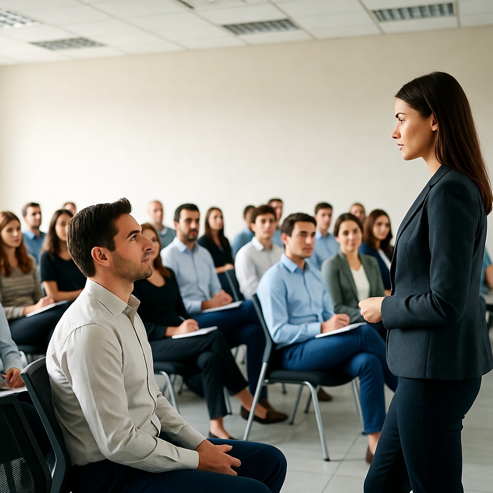 Woman presenting to audience in conference room Woman presenting to audience in conference room