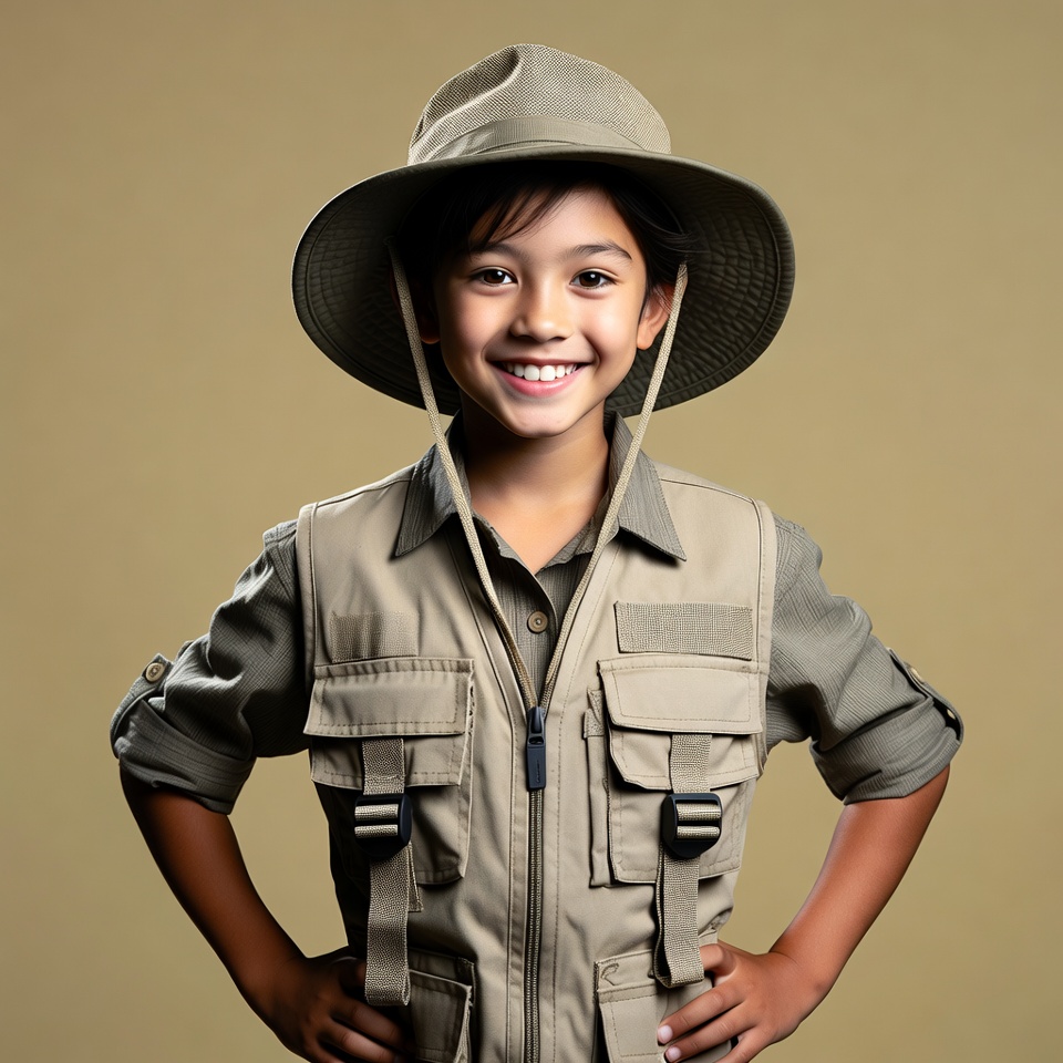 Asian boy in safari outfit smiling Asian boy in safari outfit smiling