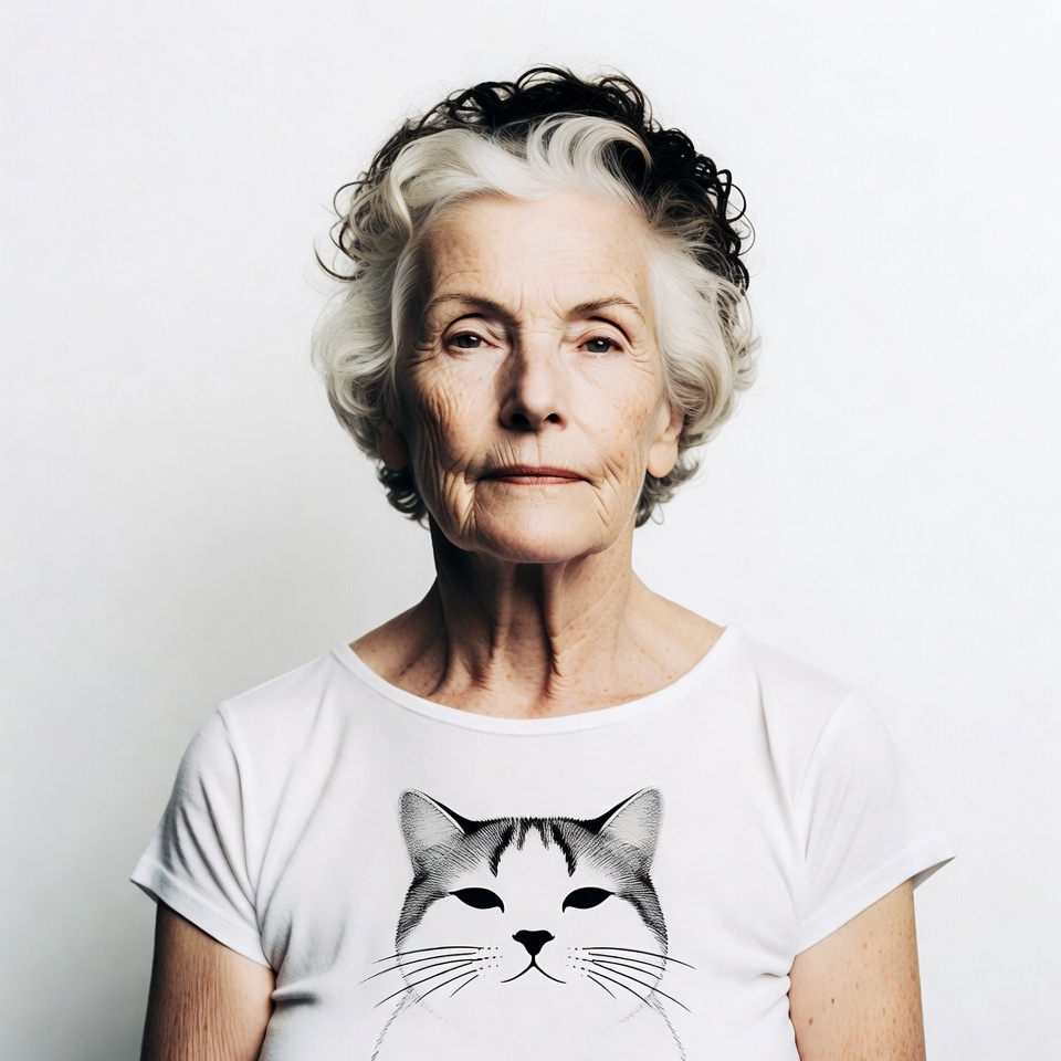 Elderly woman wearing cat t-shirt Elderly woman wearing cat t-shirt