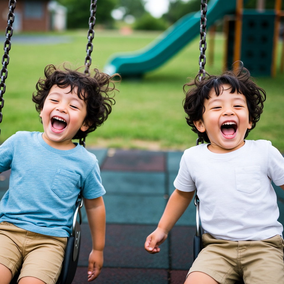 Twin Boys Laughing on Playground Swing Twin Boys Laughing on Playground Swing