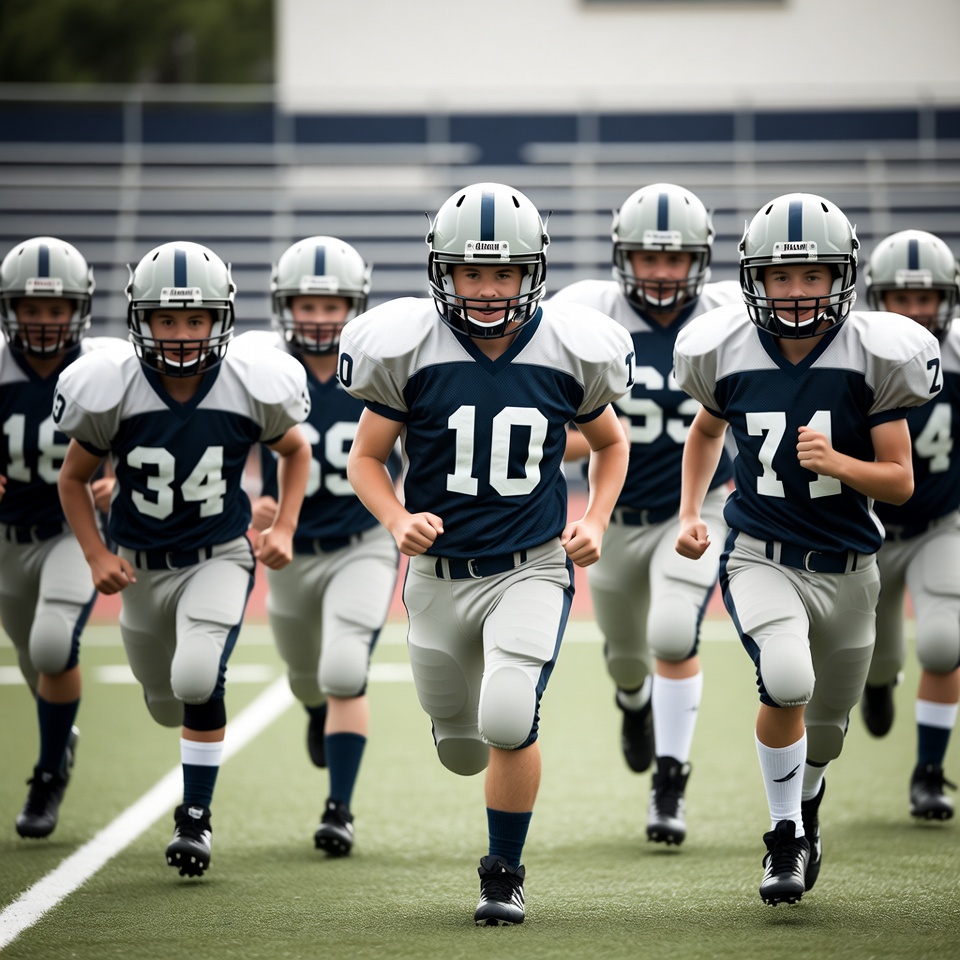 Youth football team running on field Youth football team running on field