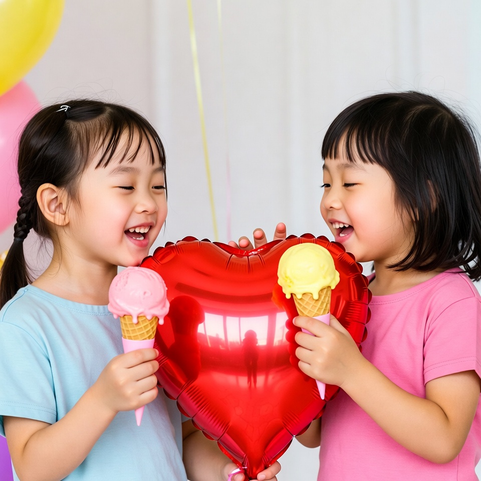 Asian twin girls holding ice cream heart balloon Asian twin girls holding ice cream heart balloon