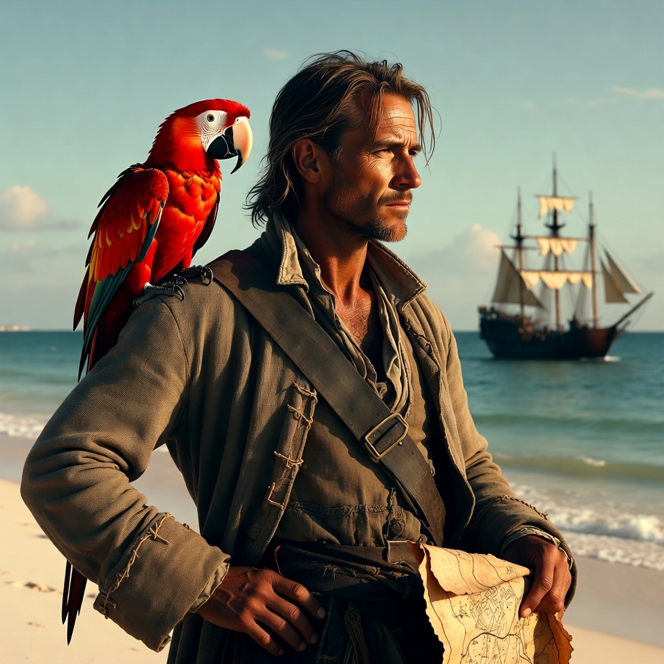 Pirate man with red parrot on beach Pirate man with red parrot on beach