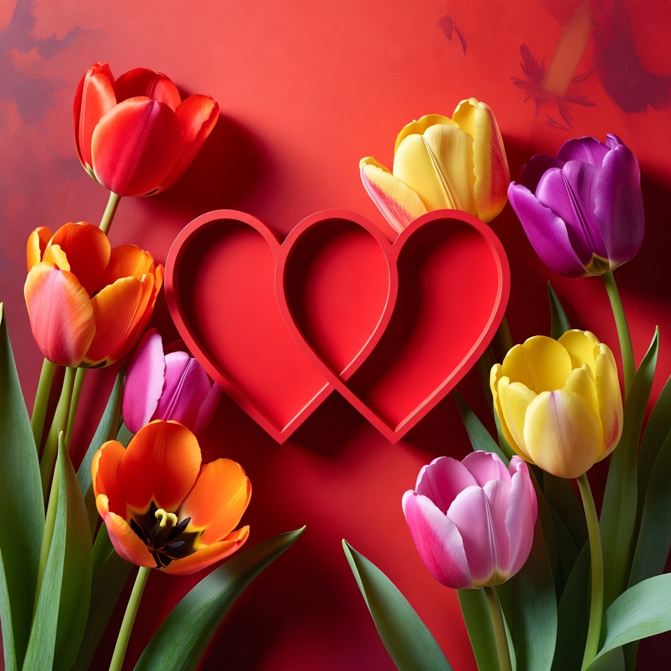 Red Heart with Colorful Tulips Red Heart with Colorful Tulips